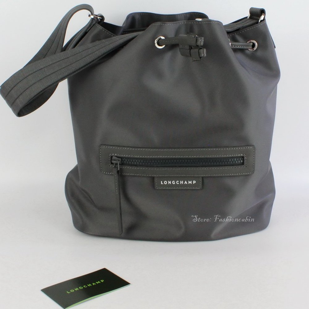 NEW LONGCHAMP Gray Eco Recycled Bucket Bag Drawstring Closure Adjustable Strap - Picture 2 of 16